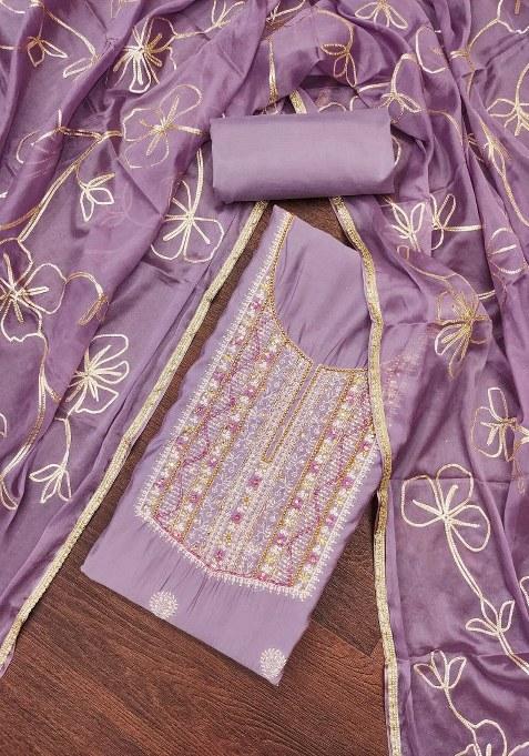 Purple Embroidered Blended Straight Kurta Set