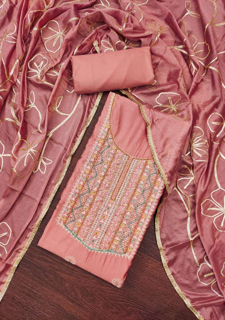 Pink Embroidered Cotton Blend Dress Material - Indya