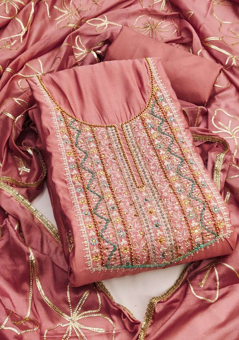 Pink Embroidered Cotton Blend Dress Material - Indya