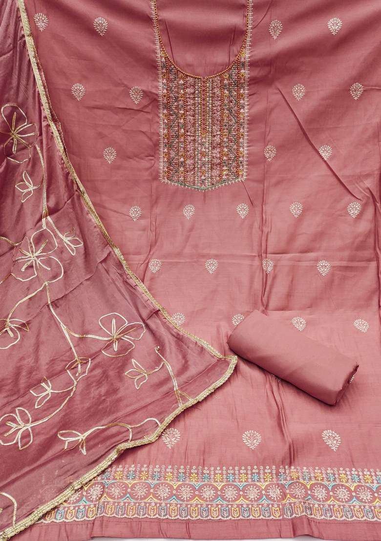 Pink Embroidered Cotton Blend Dress Material - Indya
