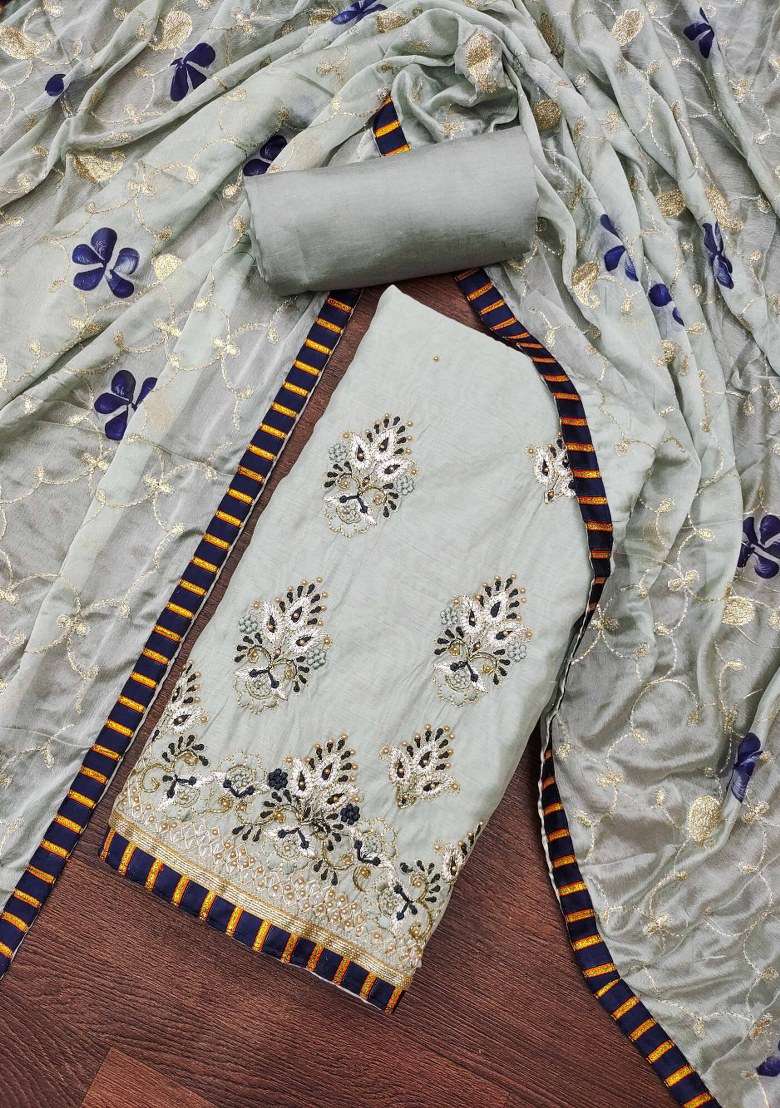 Grey Embroidered Chanderi Straight Kurta Set - Indya