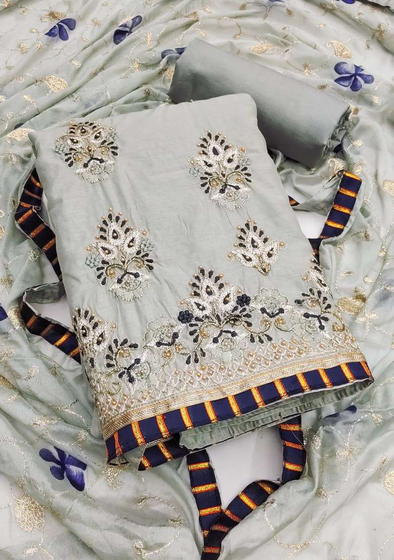 Grey Embroidered Chanderi Straight Kurta Set - Indya