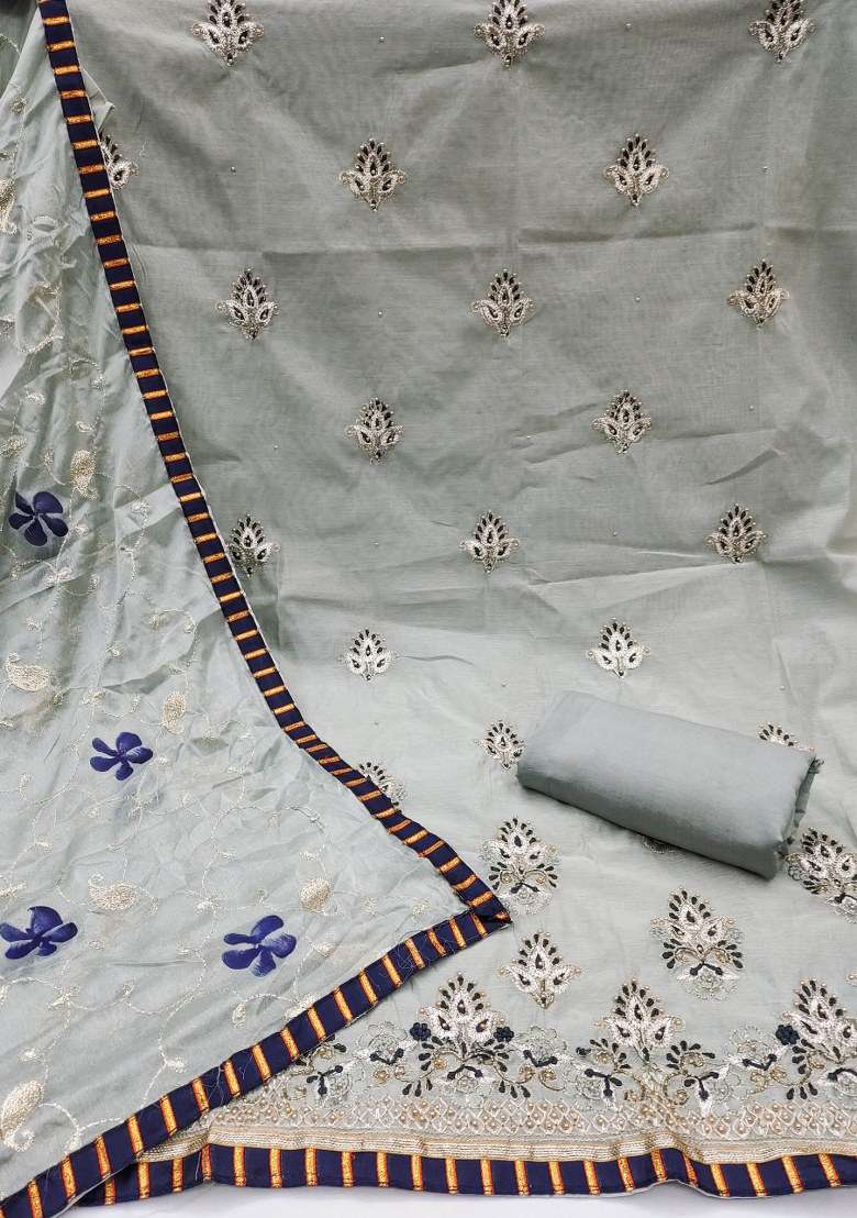 Grey Embroidered Chanderi Straight Kurta Set - Indya
