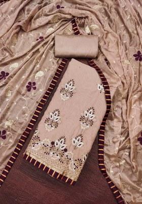 Brown Embroidered Chanderi Dress Material