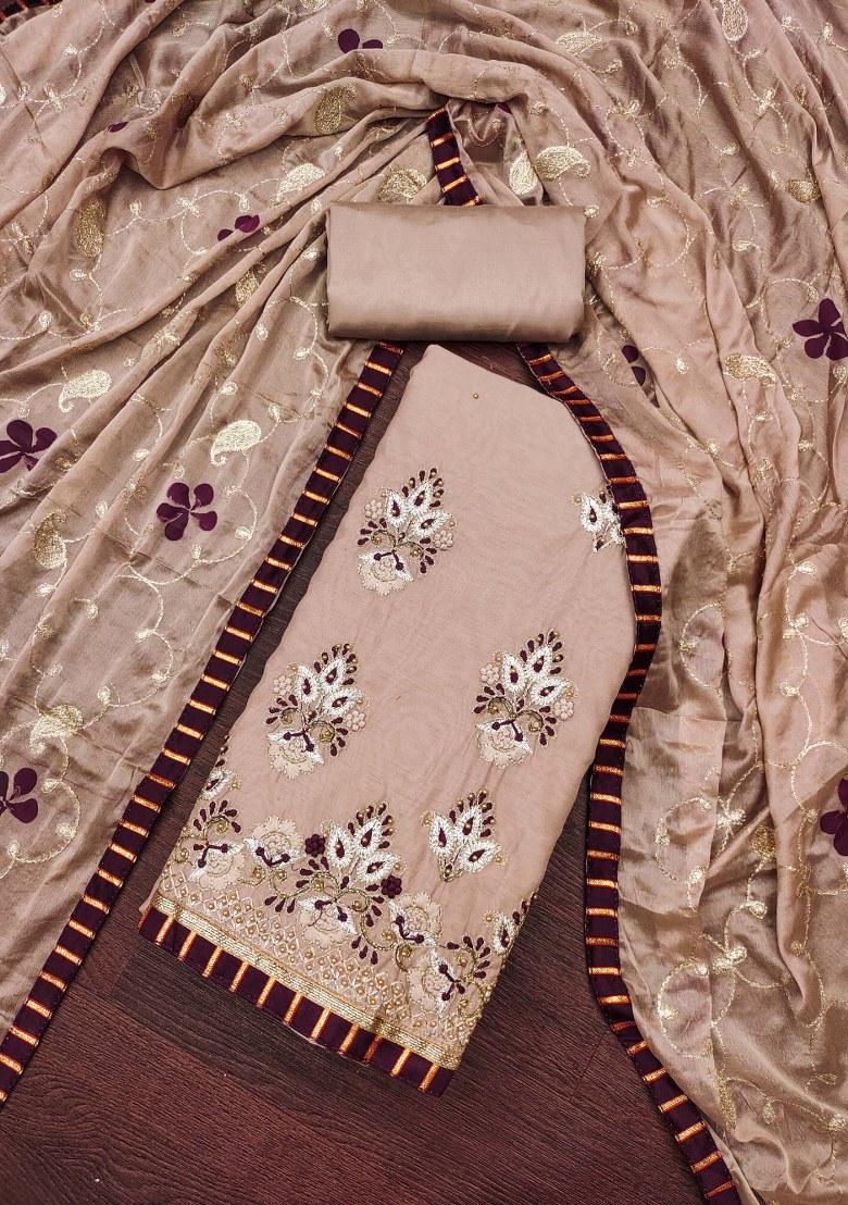 Brown Embroidered Chanderi Dress Material