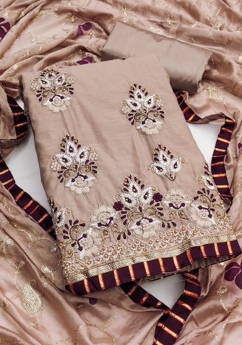 Brown Embroidered Chanderi Dress Material