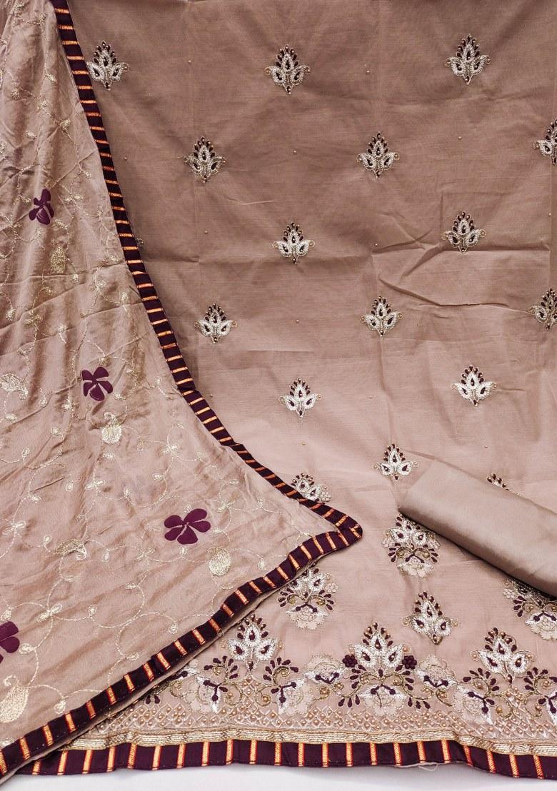 Brown Embroidered Chanderi Dress Material