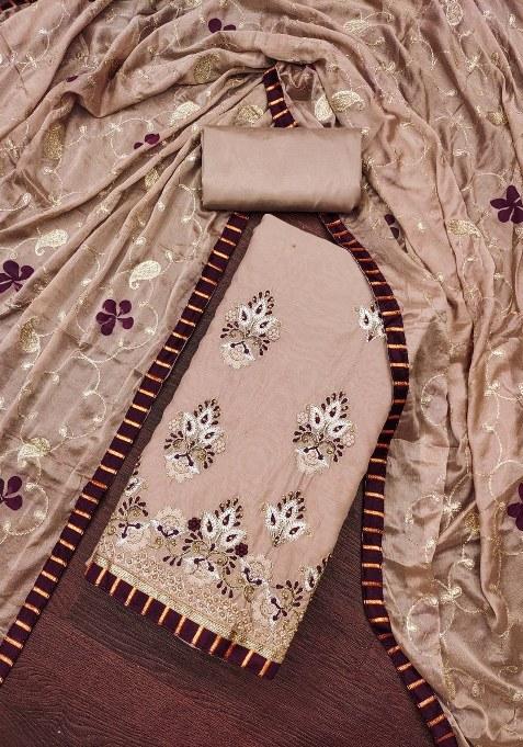 Brown Embroidered Chanderi Dress Material