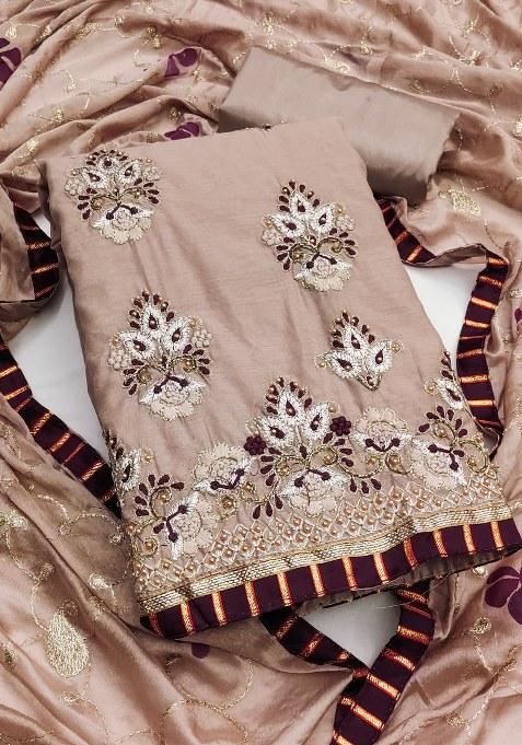Brown Embroidered Chanderi Dress Material