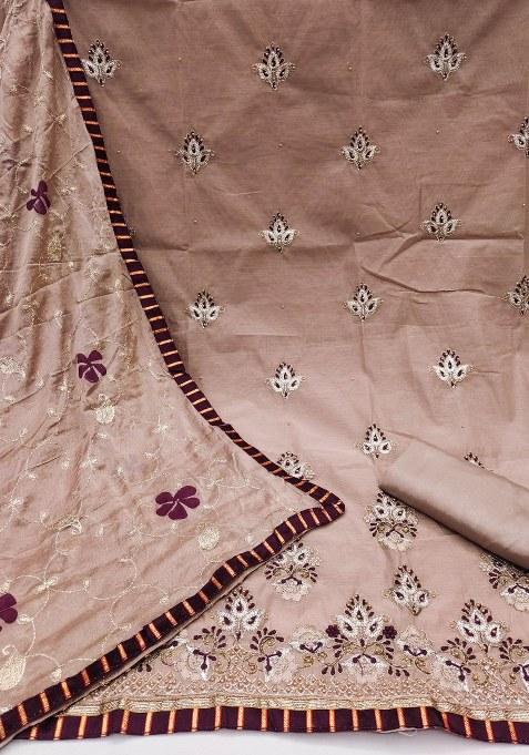 Brown Embroidered Chanderi Dress Material
