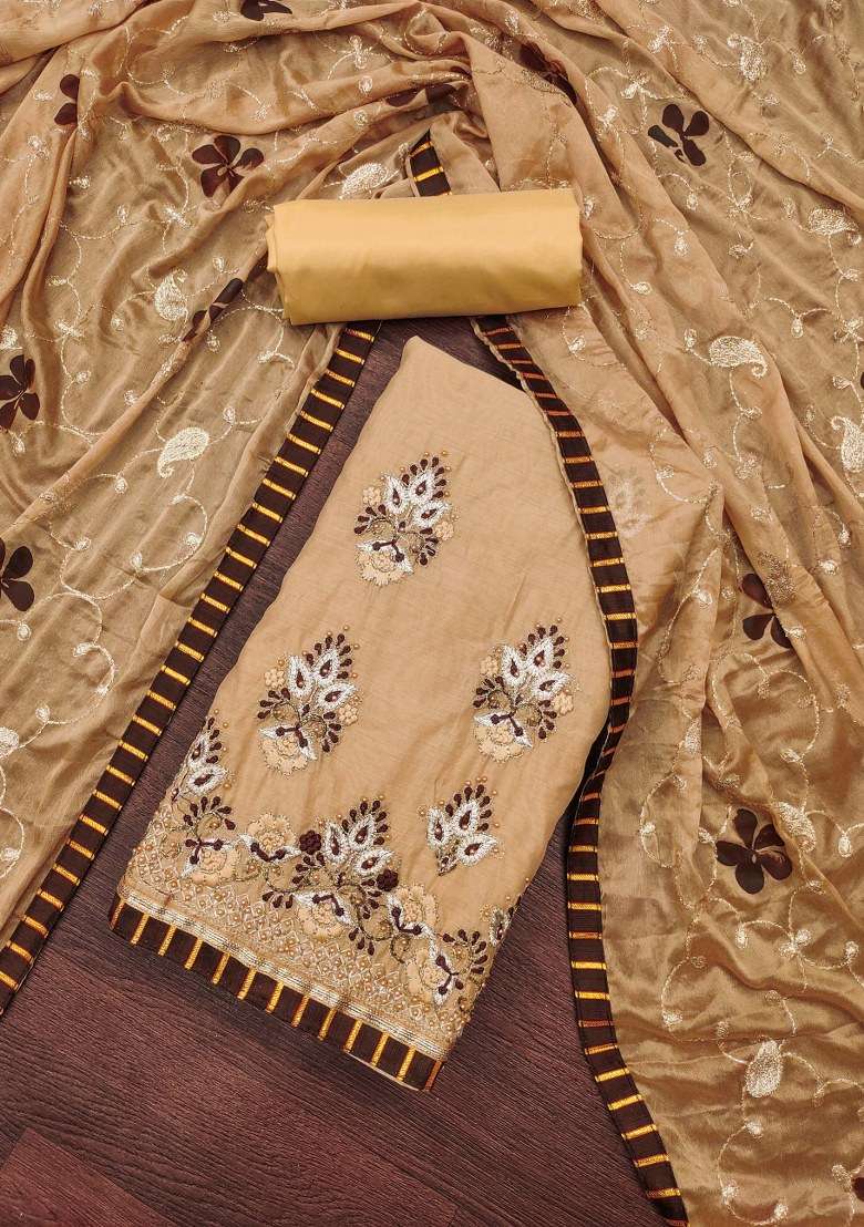 Beige Embroidered Chanderi Dress Material - Indya