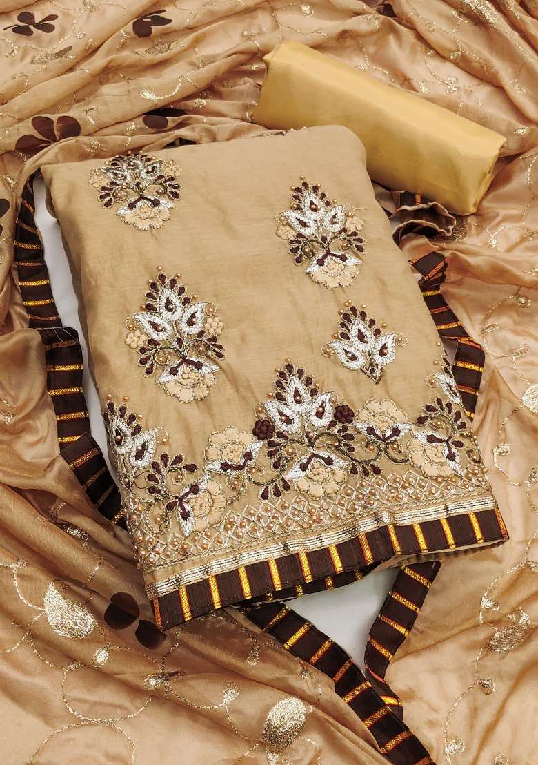 Beige Embroidered Chanderi Dress Material - Indya