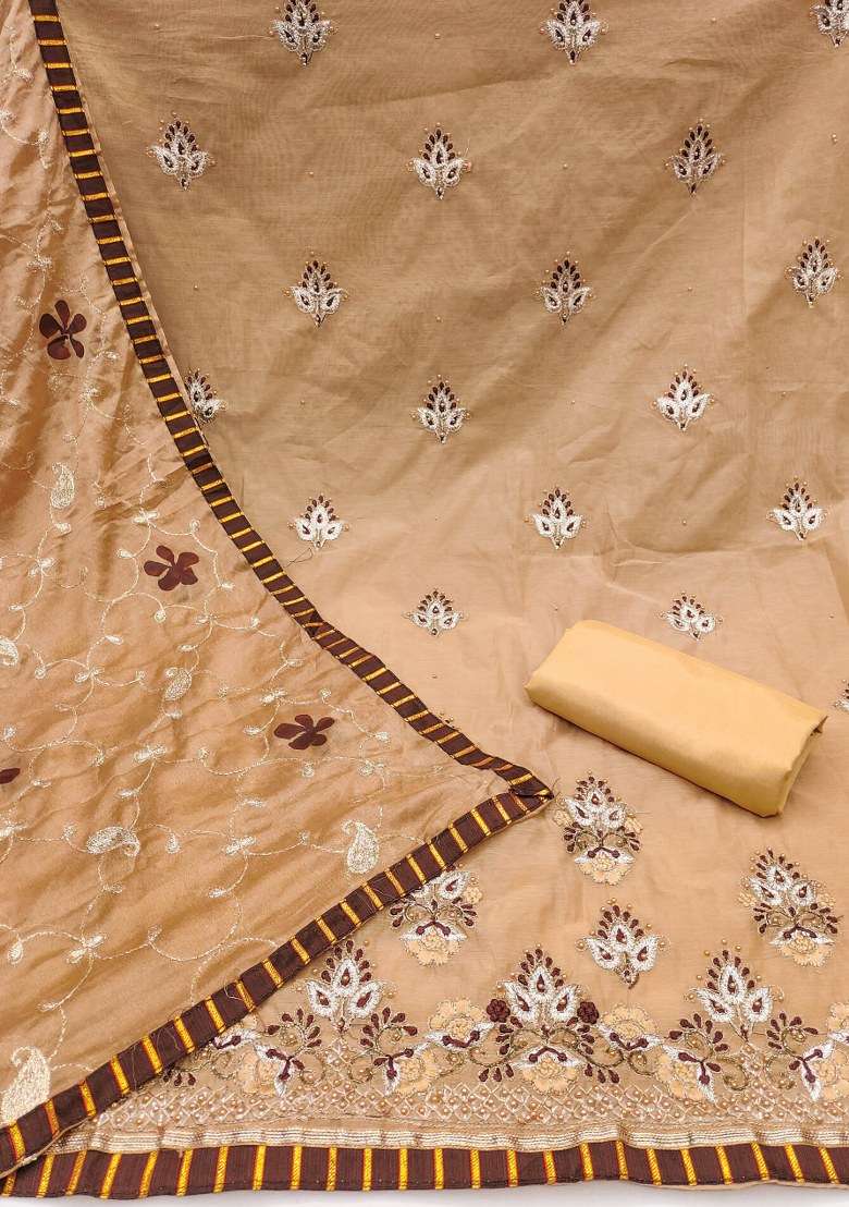 Beige Embroidered Chanderi Dress Material - Indya