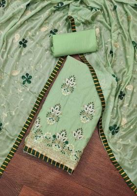 Light Green Embroidered Chanderi Dress Material