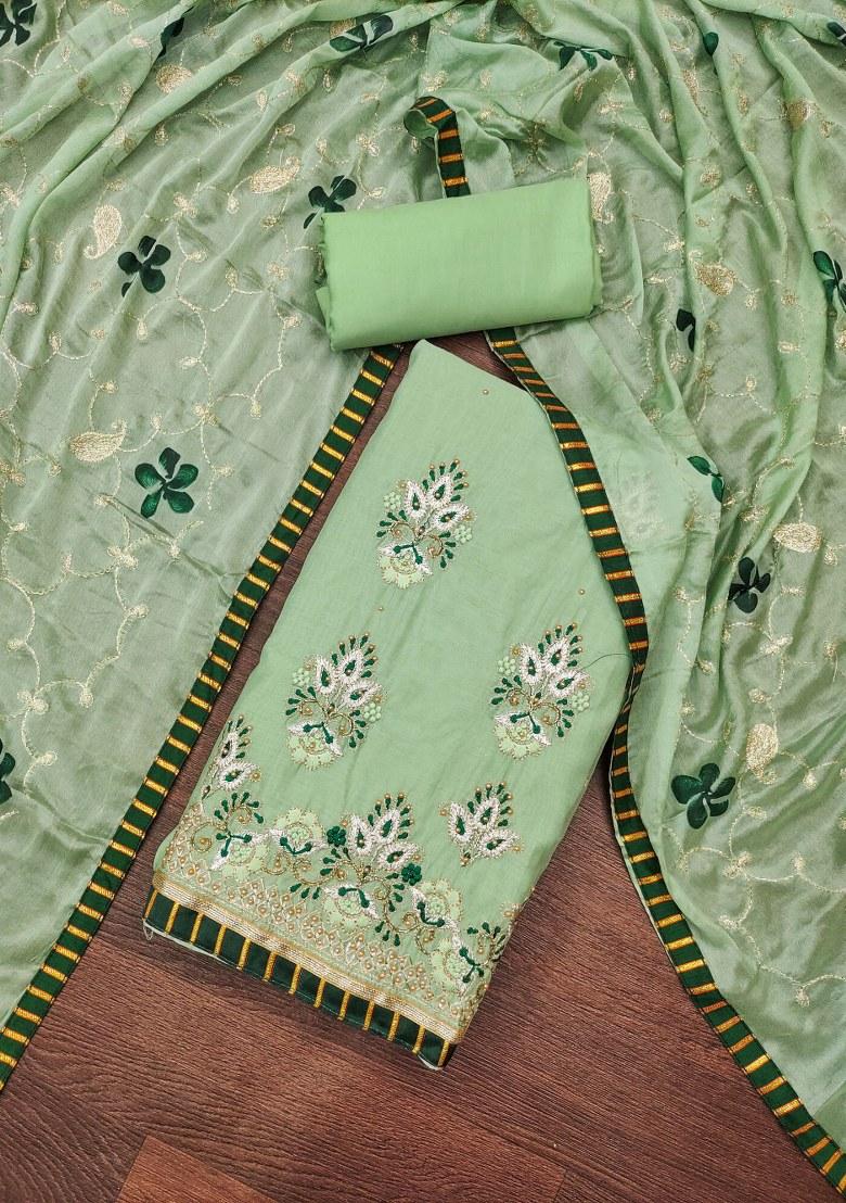 Light Green Embroidered Chanderi Dress Material