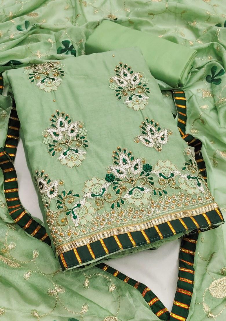 Light Green Embroidered Chanderi Dress Material