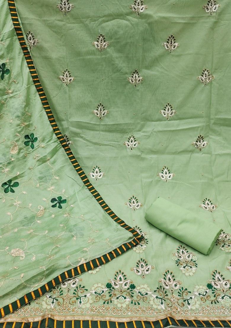 Light Green Embroidered Chanderi Dress Material