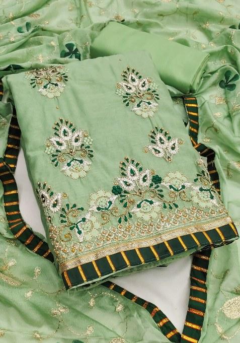 Light Green Embroidered Chanderi Dress Material