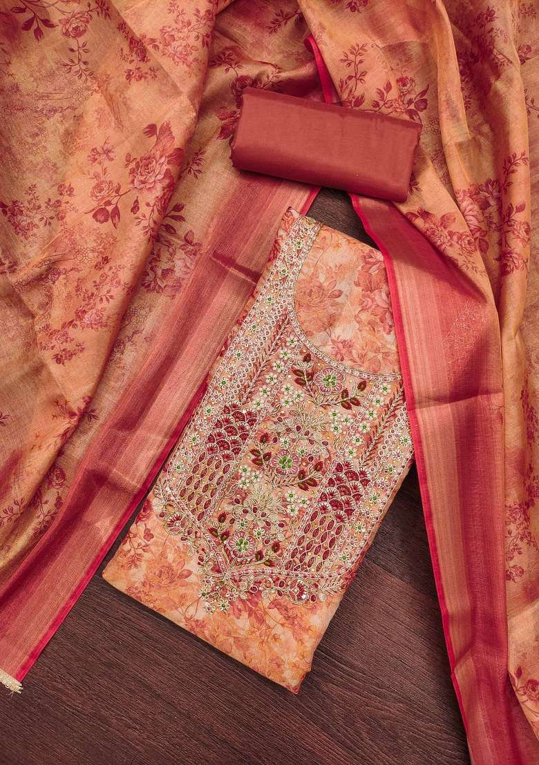Peach Embroidered Blended Straight Kurta Set - Indya