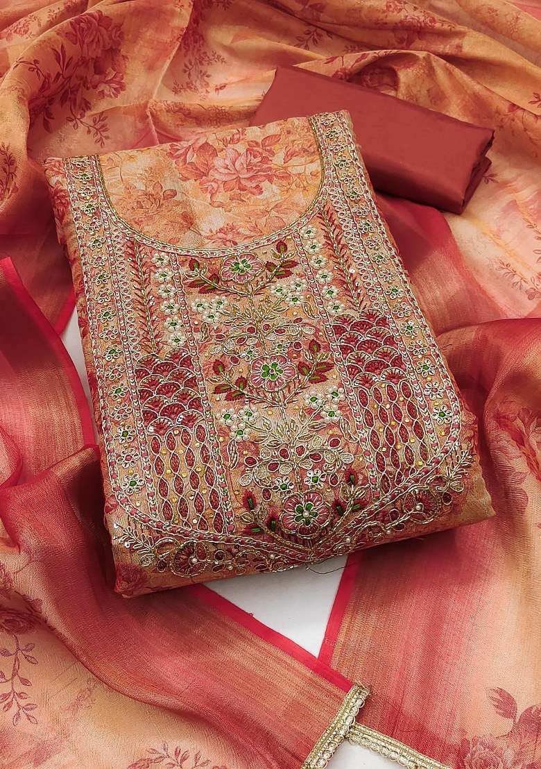 Peach Embroidered Blended Straight Kurta Set - Indya