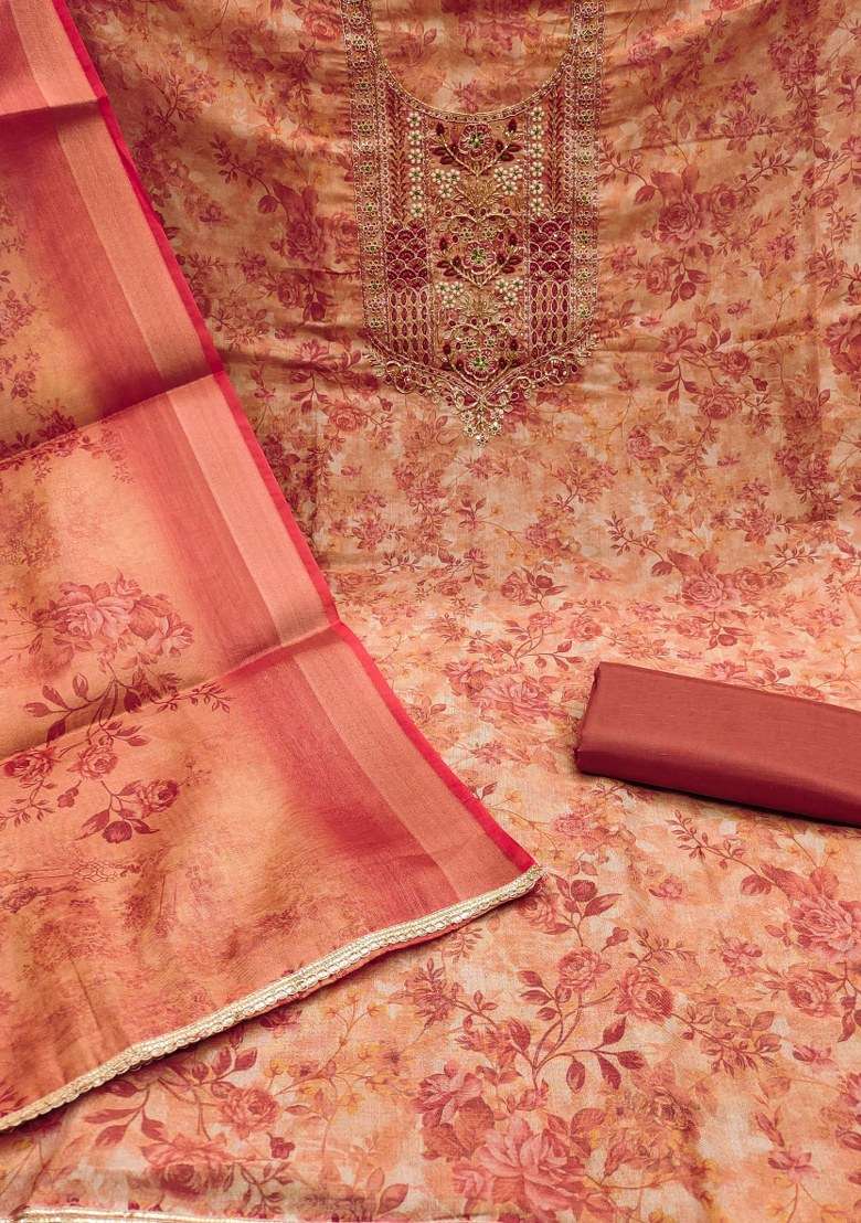 Peach Embroidered Blended Straight Kurta Set - Indya
