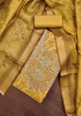 Light Green Embroidered Cotton Blend Dress Material