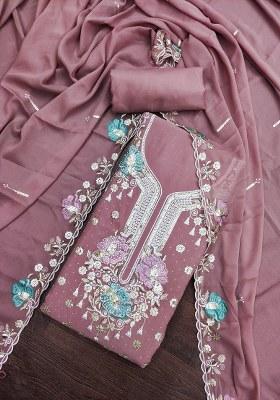 Lavender Embroidered Viscose Dress Material