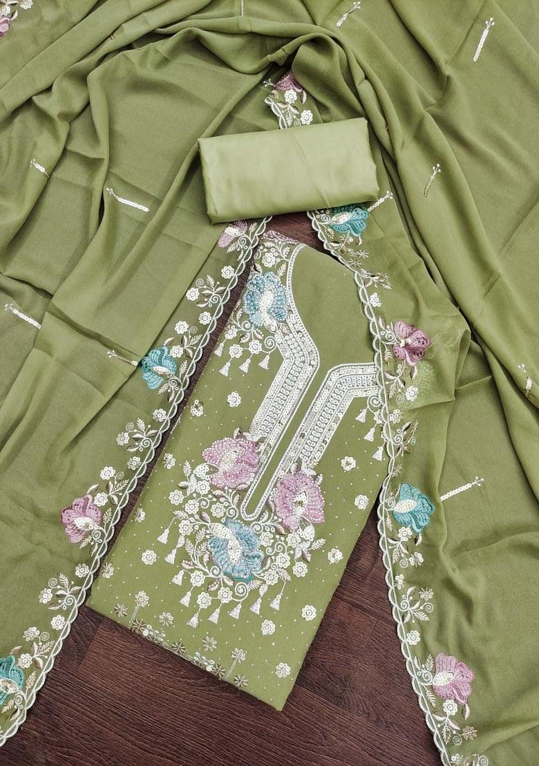 Light Green Embroidered Viscose Dress Material