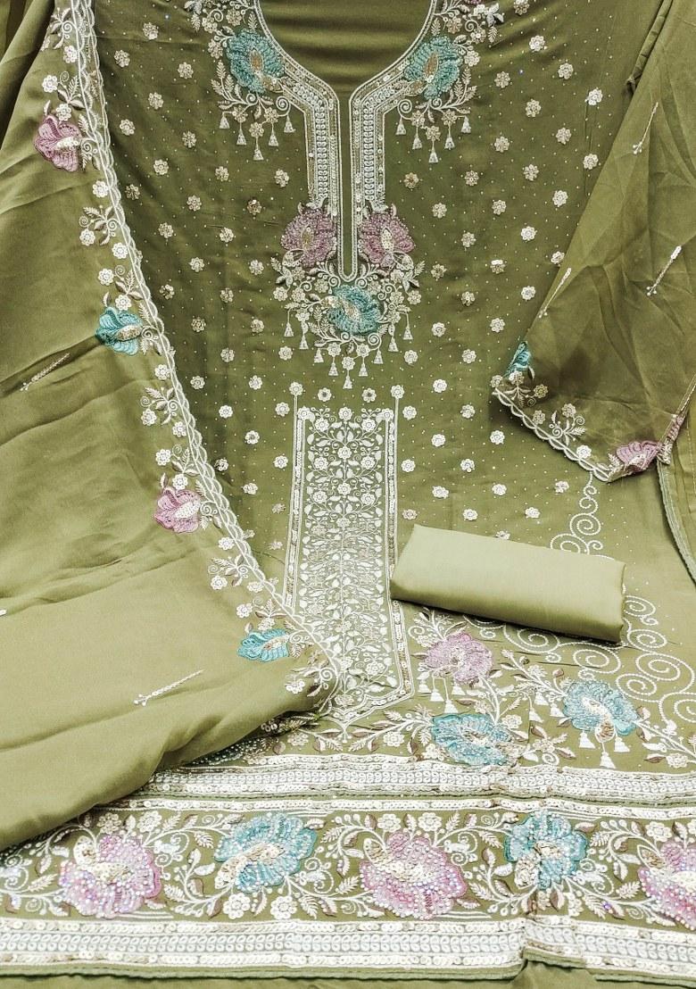 Light Green Embroidered Viscose Dress Material