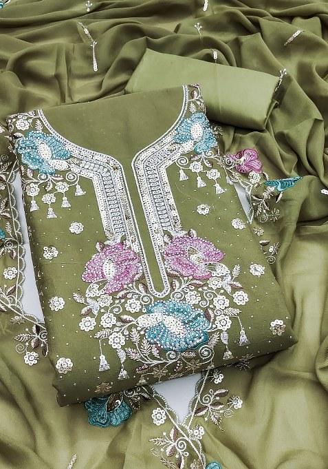 Light Green Embroidered Viscose Dress Material