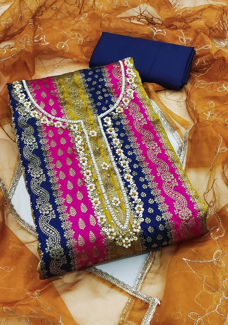 Multicolor Embroidered Jacquard Dress Material