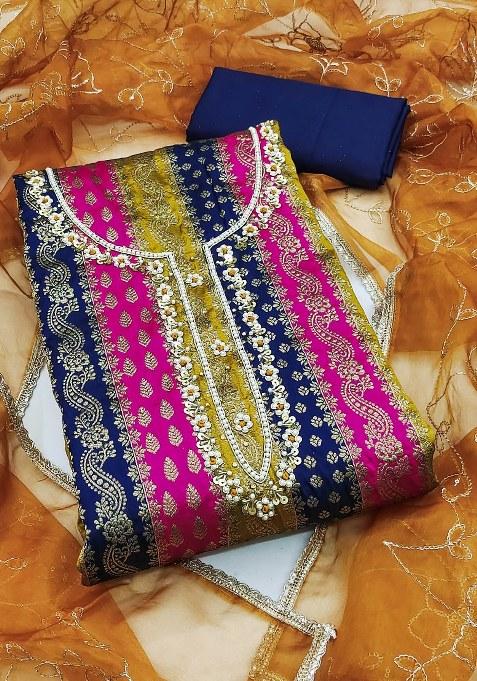 Multicolor Embroidered Jacquard Dress Material