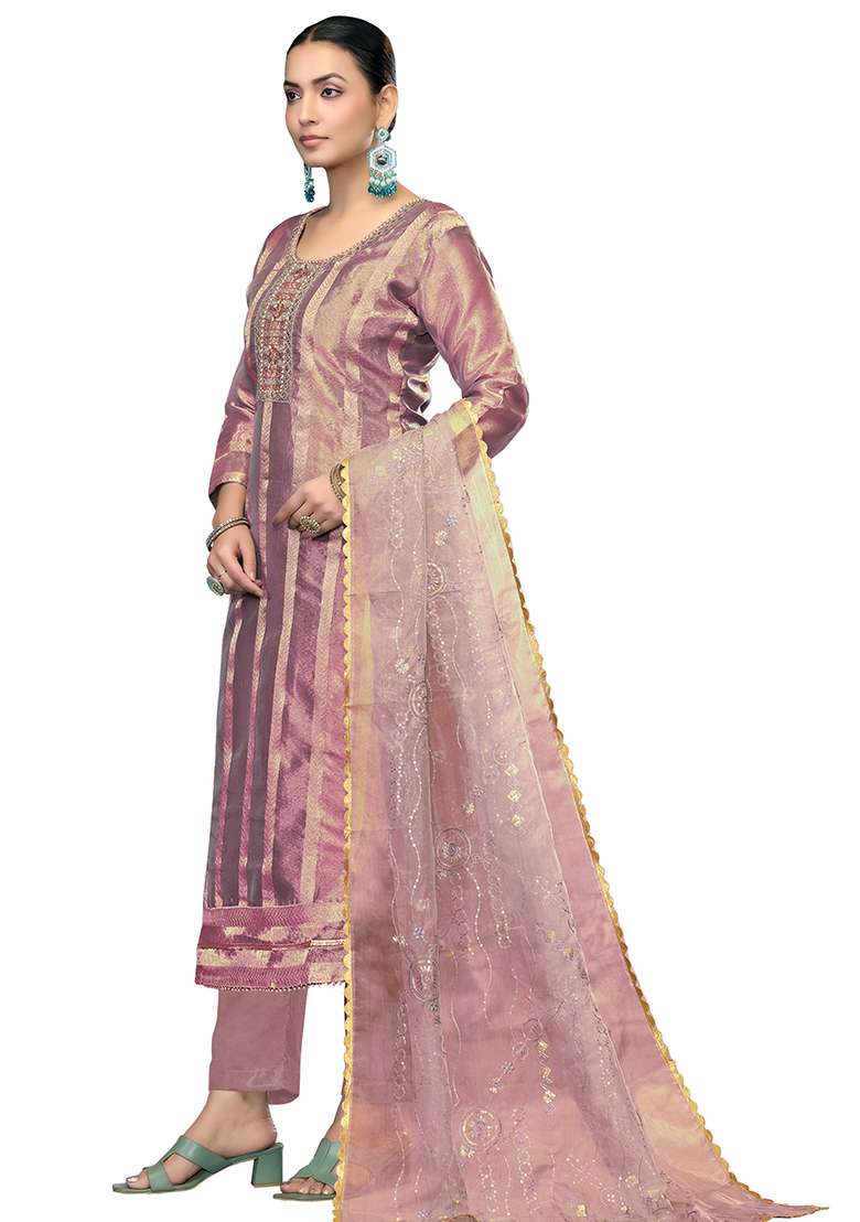 Purple Jacquard Viscose Straight Kurta Set - Indya