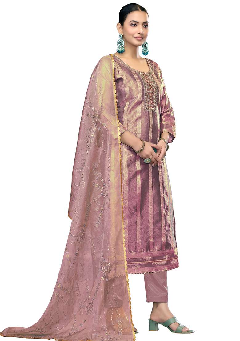 Purple Jacquard Viscose Straight Kurta Set - Indya