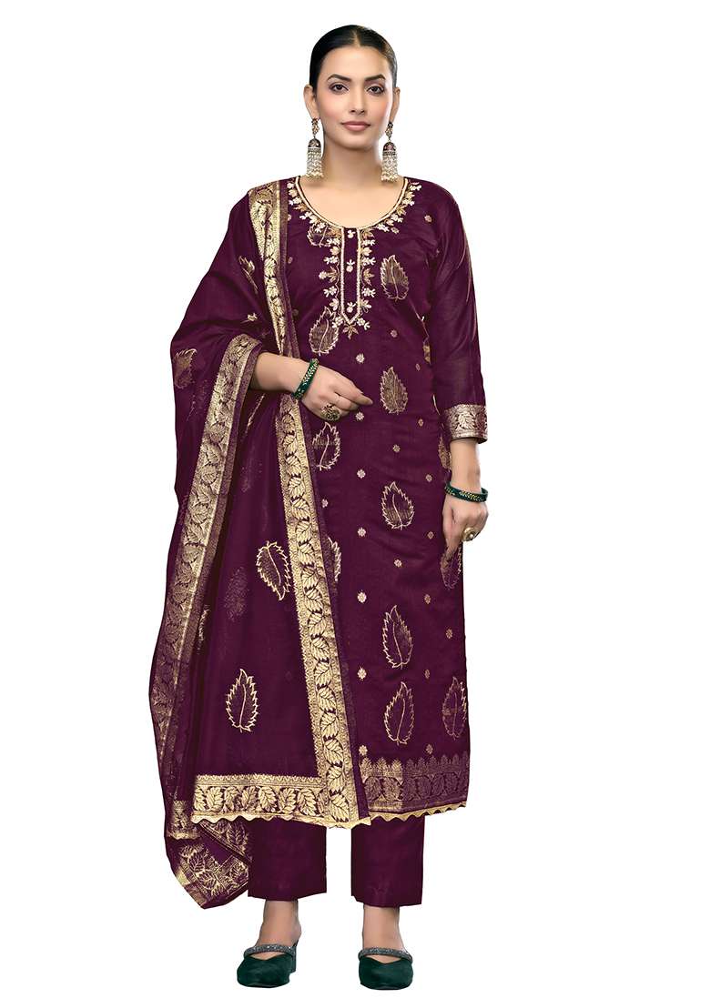 Purple Embroidered Modal Dress Material - Indya