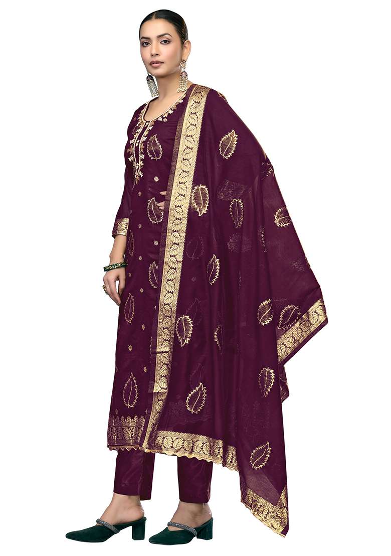 Purple Embroidered Modal Dress Material - Indya