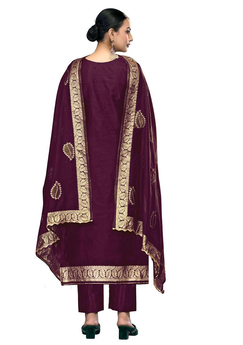 Purple Embroidered Modal Dress Material - Indya