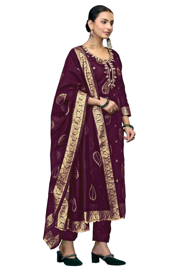 Purple Embroidered Modal Dress Material - Indya