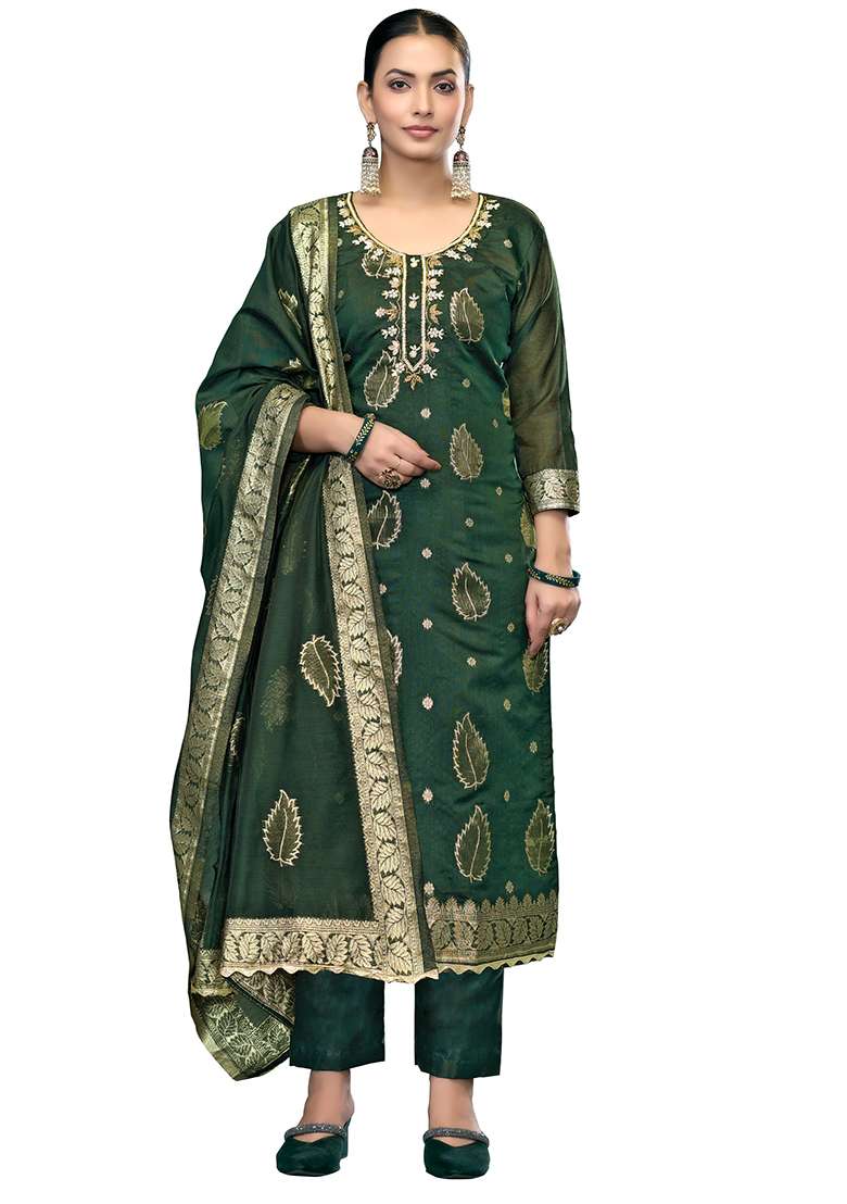 Bottle Green Jacquard Modal Straight Kurta Set - Indya