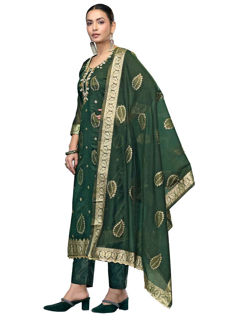 Bottle Green Jacquard Modal Straight Kurta Set - Indya