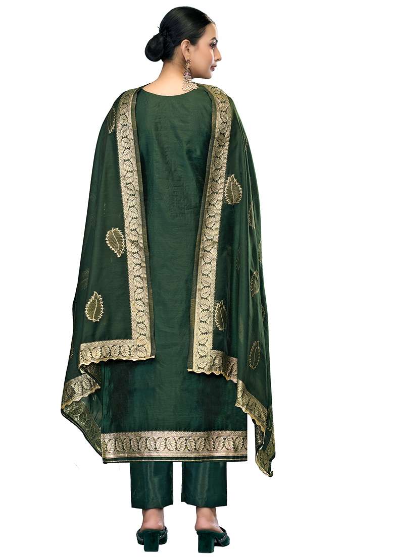 Bottle Green Jacquard Modal Straight Kurta Set - Indya