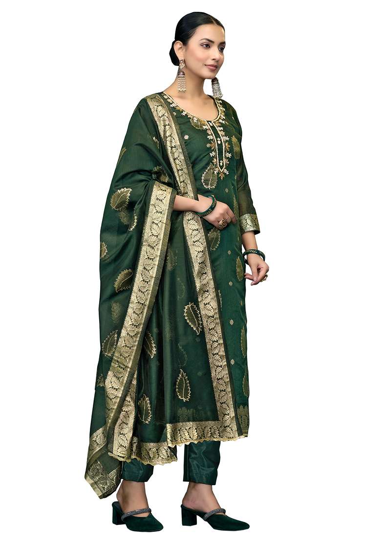 Bottle Green Jacquard Modal Straight Kurta Set - Indya