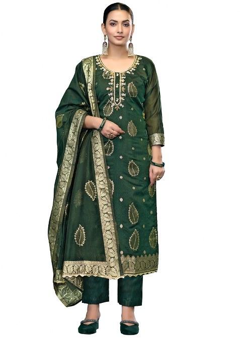 Bottle Green Jacquard Modal Straight Kurta Set