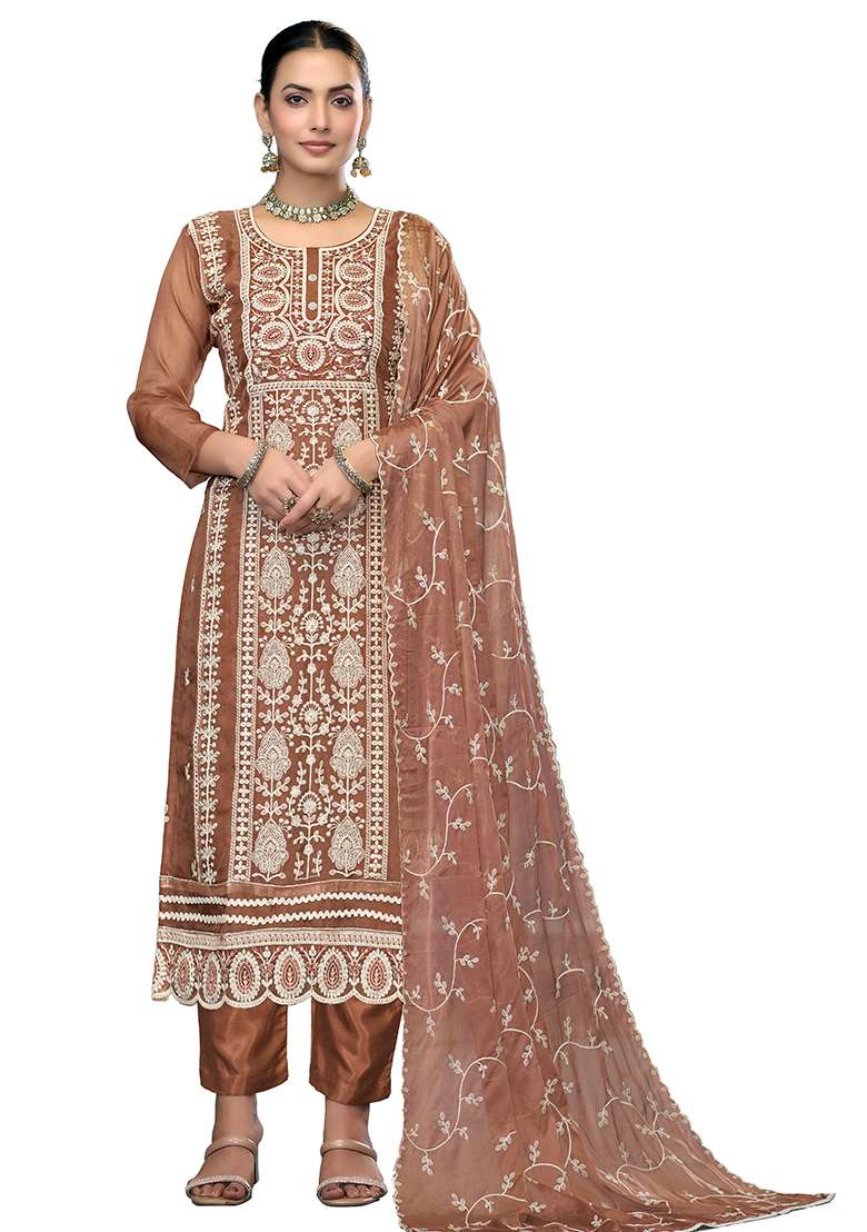 Rust Embroidered Viscose Pakistani Suit Set - Indya