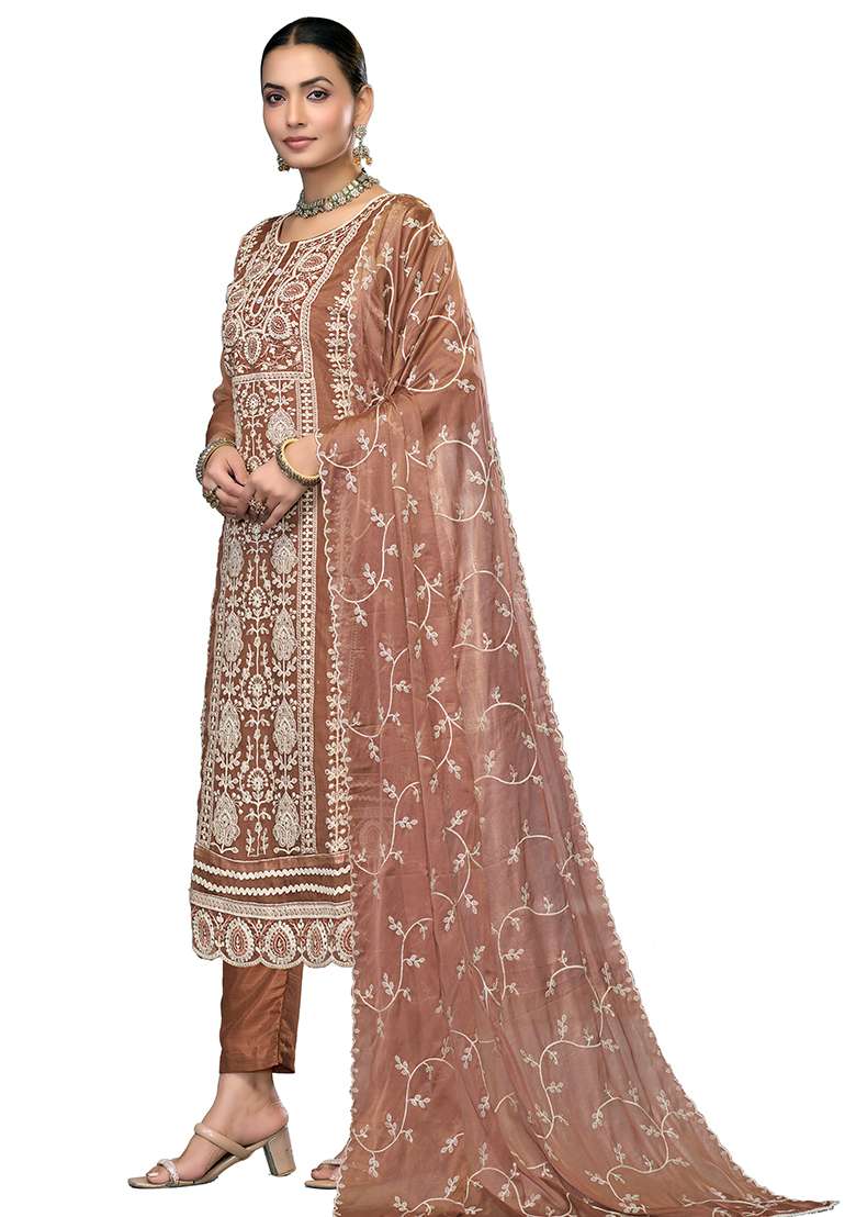 Rust Embroidered Viscose Pakistani Suit Set - Indya