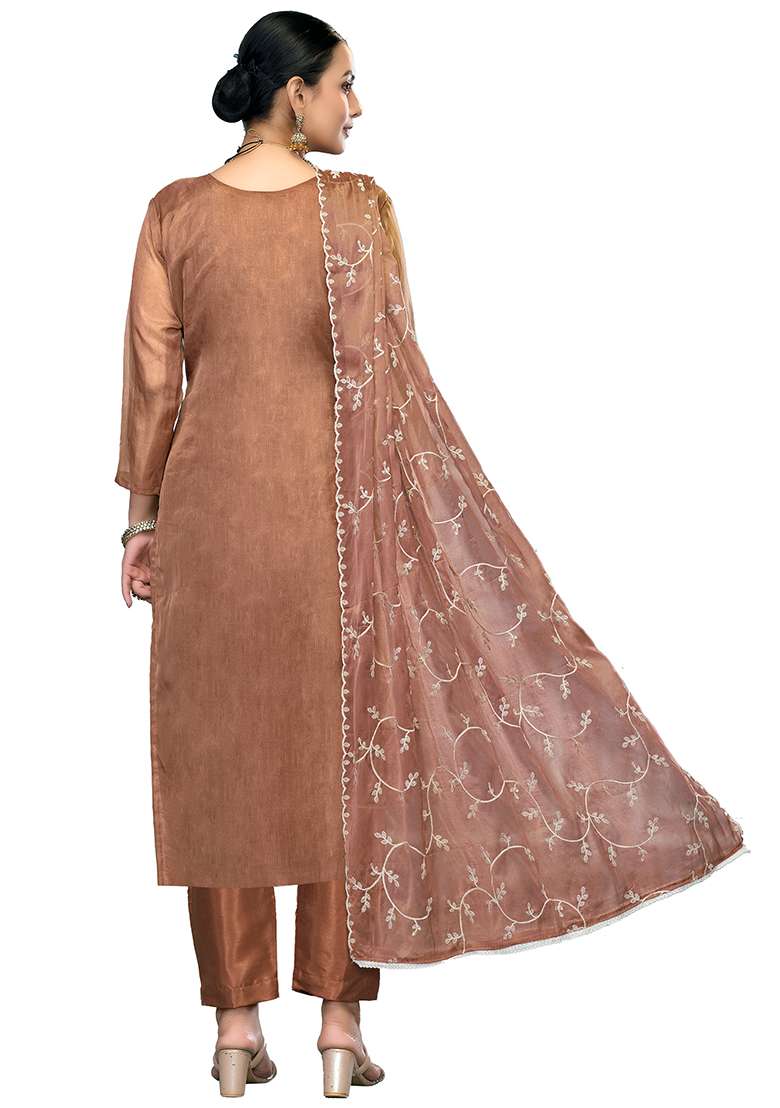Rust Embroidered Viscose Pakistani Suit Set - Indya