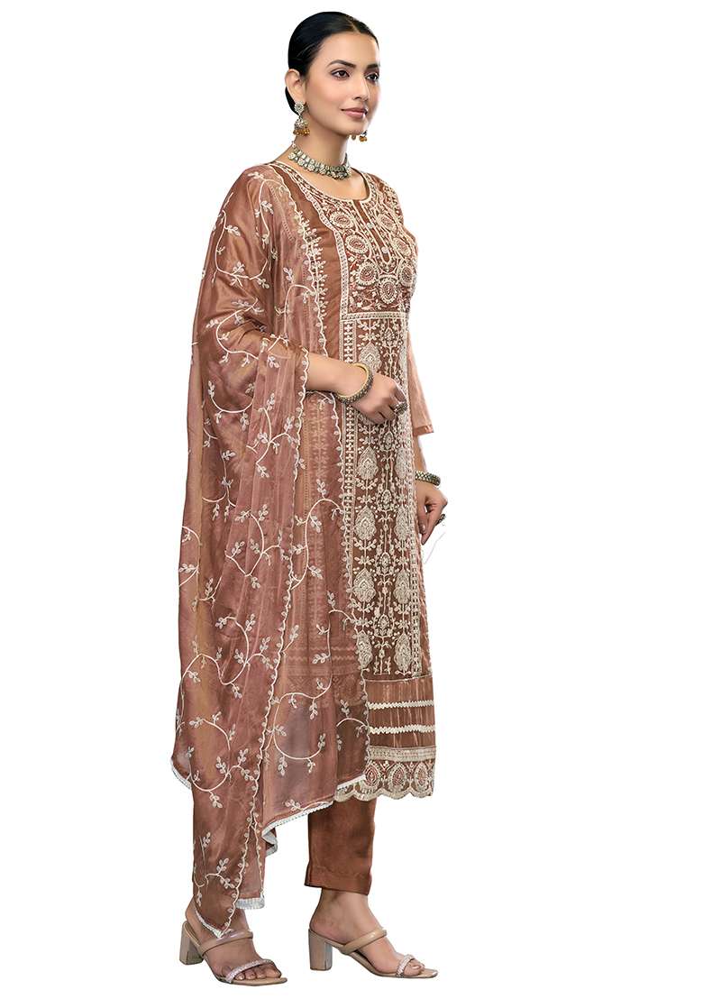 Rust Embroidered Viscose Pakistani Suit Set - Indya