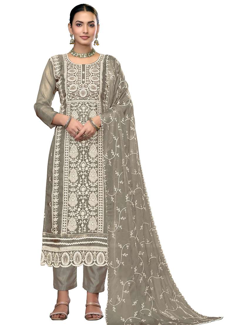 Light Grey Embroidered Viscose Pakistani Suit Set - Indya