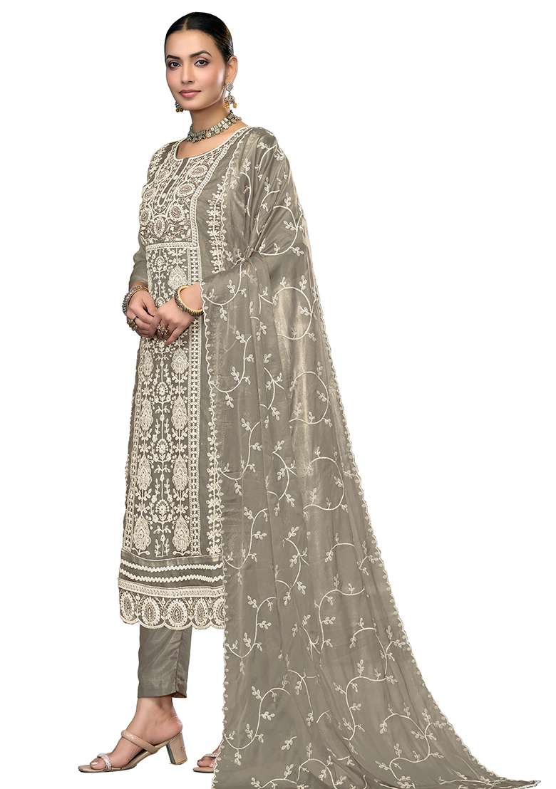 Light Grey Embroidered Viscose Pakistani Suit Set - Indya