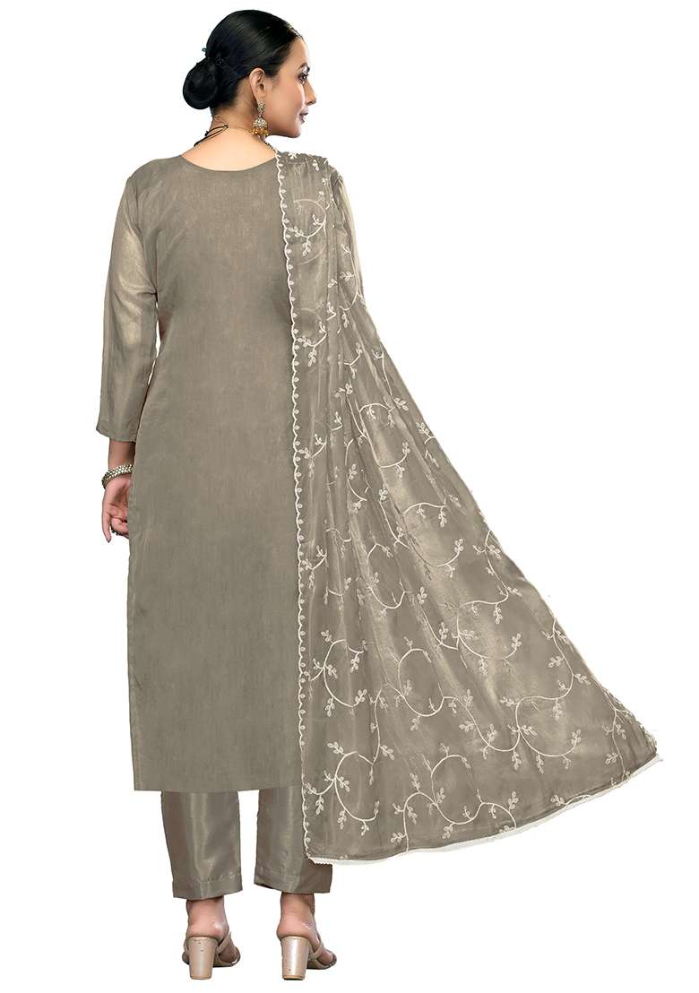 Light Grey Embroidered Viscose Pakistani Suit Set - Indya